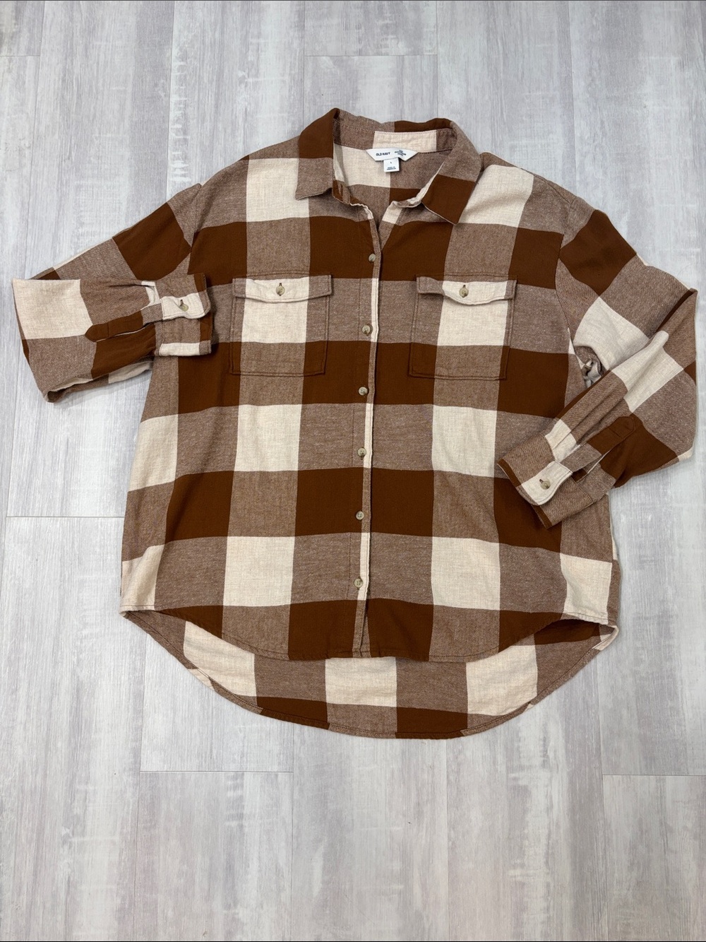 Old Navy The Boyfriend Shirt Brown and Cream Plaid Button-Up Shirt Large